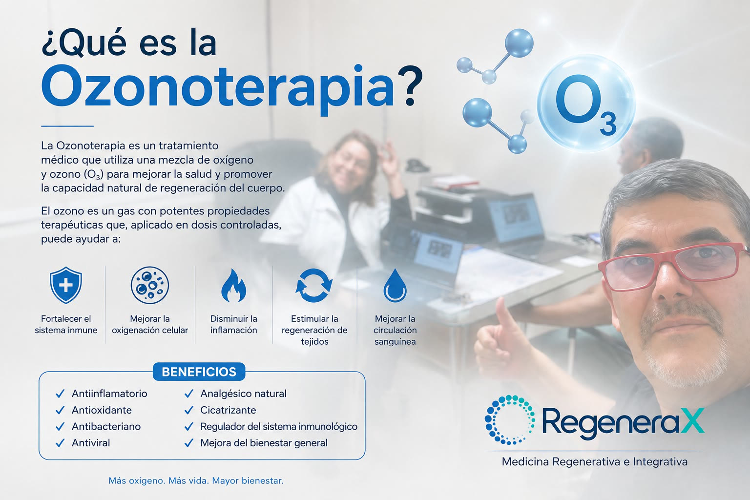 Lámina: beneficios de la ozonoterapia — antiinflamatorio, antioxidante, antibacteriano, antiviral, analgésico natural, cicatrizante y regulador del sistema inmunológico.