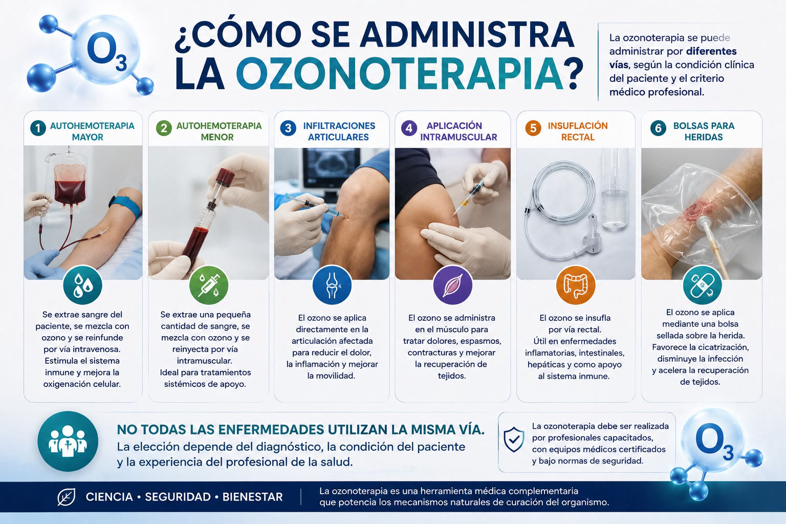 Lámina: vías de administración de la ozonoterapia — autohemoterapia mayor y menor, infiltraciones articulares, aplicación intramuscular, insuflación rectal y bolsas para heridas.