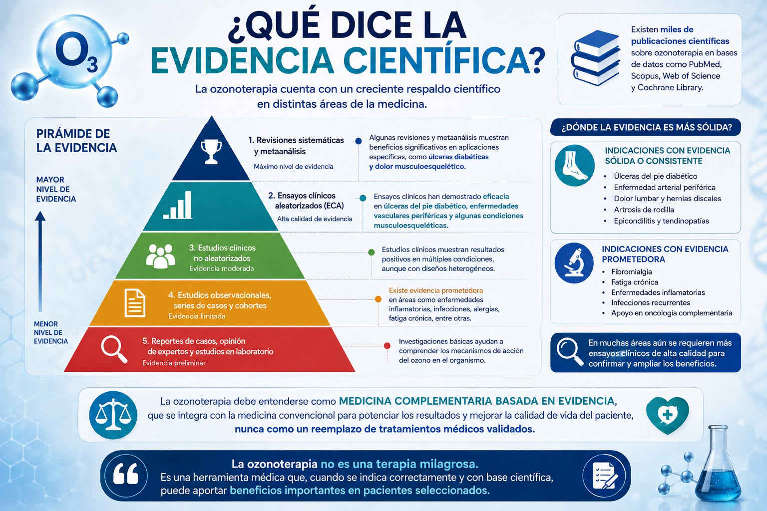 Lámina: la evidencia científica en ozonoterapia — pirámide de la evidencia, indicaciones con evidencia sólida como úlceras del pie diabético, enfermedad arterial periférica, dolor lumbar, artrosis de rodilla y tendinopatías.