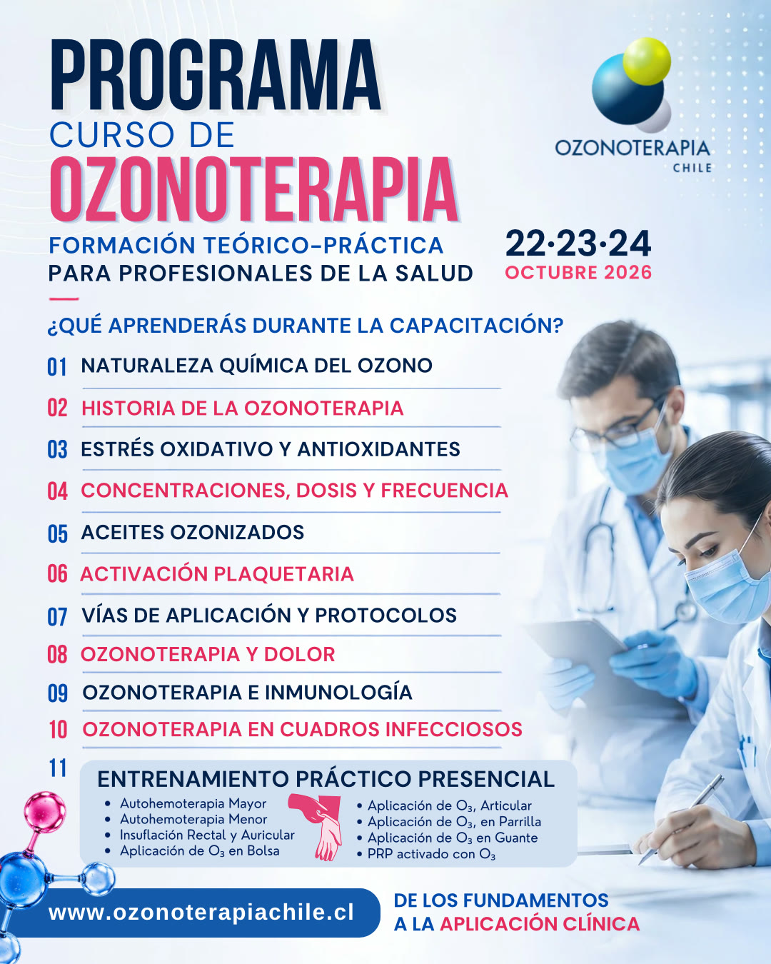 Flyer: programa del curso de Ozonoterapia. Once módulos, desde la naturaleza química del ozono hasta el entrenamiento práctico presencial.