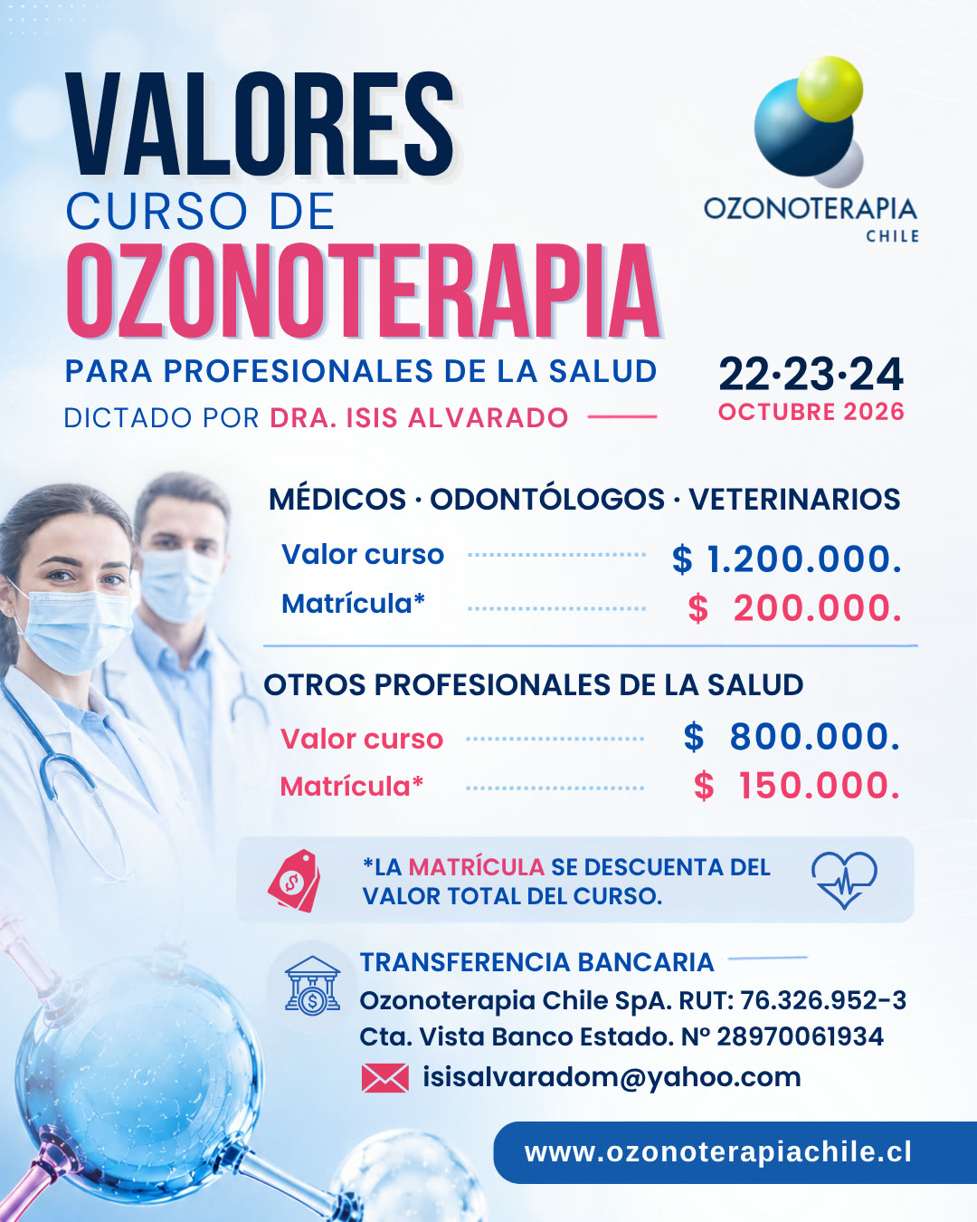 Flyer: valores del curso de Ozonoterapia. Médicos, odontólogos y veterinarios: curso $1.200.000, matrícula $200.000. Otros profesionales de la salud: curso $800.000, matrícula $150.000. Datos de transferencia bancaria.